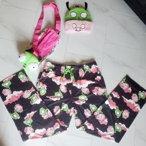 NWT Epic Invader Zim Gir Bundle Dorm Pajama Pants /pockets+ Mini Duffle + Beanie
